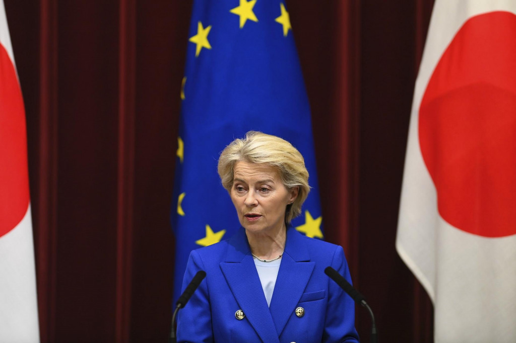 Predsedníčka Európskej komisie Ursula von der Leyenová počas spoločnej tlačovej konferencie v Tokiu v stredu 23. júla 2025. FOTO: TASR/AP