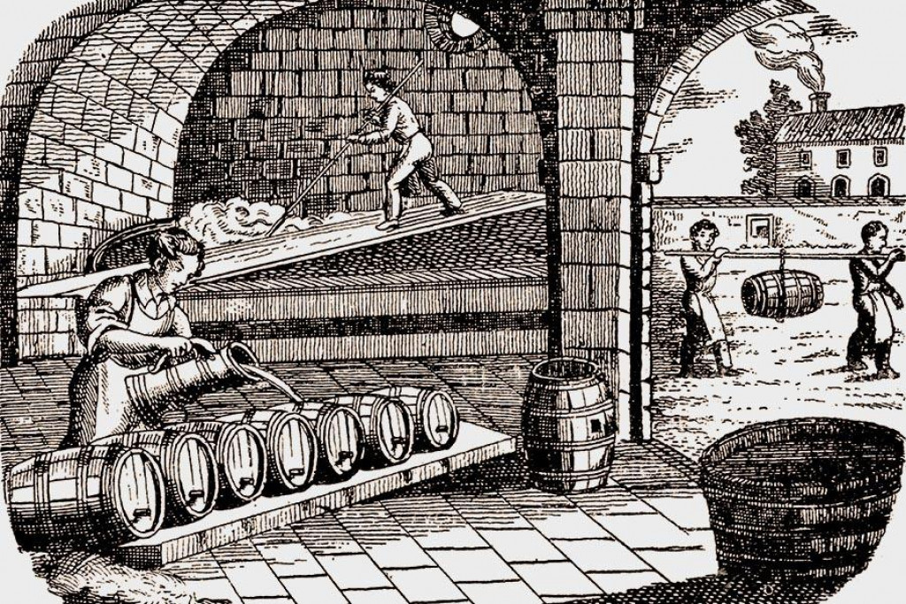 Výjav z dobového pivovaru na rytine z prvej polovice 19. storočia.