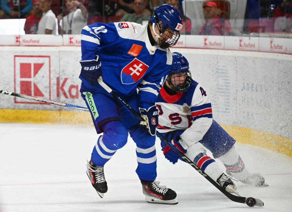 Na snímke sprava Kade Meyer (USA) a Oliver Ozogány (Slovensko) bojujú o puk počas hokejového zápasu Slovensko 18 - USA 18 na prestížnom turnaji hráčov do 18 rokov Hlinka Gretzky Cup v Trenčíne. FOTO: TASR/Martin Medňanský