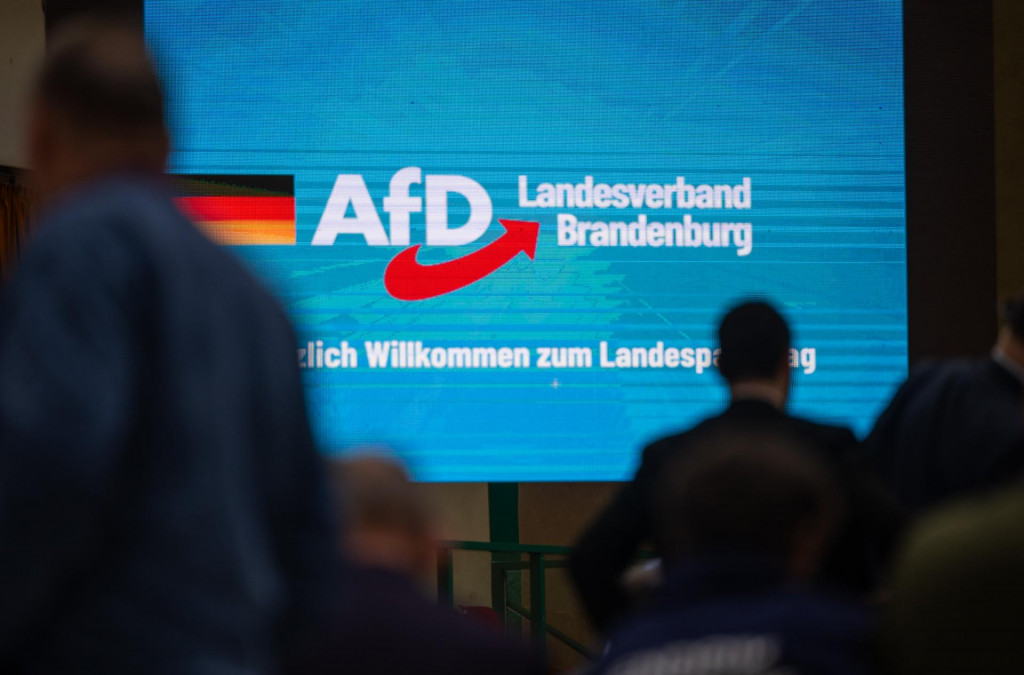 Na archívnej snímke z 16. marca 2024 delegáti sa zhromažďujú pred začiatkom krajského zjazdu pravicovej Alternatívy pre Nemecko (AfD) v nemeckom Jüterbogu. FOTO: TASR/DPA