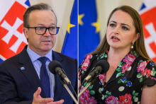 Zľava: prezident Republikovej únie zamestnávateľov Miroslav Kiraľvarga a prezidentka Konfederácie odborových zväzov Monika Uhlerová. FOTO: TASR; Koláž: HN
