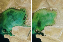 Vľavo sever Kaspického mora v roku 2006, vpravo v roku 2022. FOTO: NASA; Koláž: HN