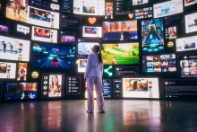 Backview Of Caucasian Woman Connecting to Animated Stream Of Content. Visualization Of Browsing Metaverse Big Data with Viral Videos, Social Media Profiles with Influencers, and Internet Communities. FOTO: Shutterstock