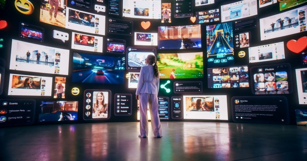 Backview Of Caucasian Woman Connecting to Animated Stream Of Content. Visualization Of Browsing Metaverse Big Data with Viral Videos, Social Media Profiles with Influencers, and Internet Communities. FOTO: Shutterstock