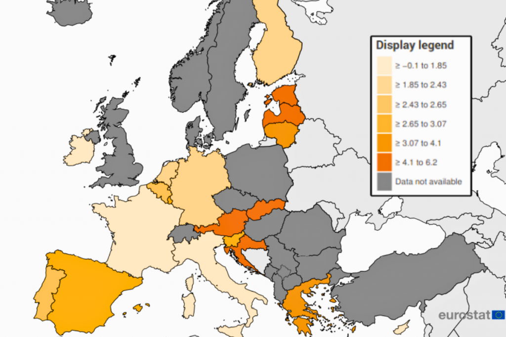 Augustová inflácia v krajinách eurozóny. MAPA: Eurostat, HN