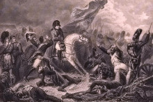 Francúzsky cisár Napoleon Bonaparte uprostred svojich vojakov v bitke pri Waterloo v júni 1815. (grafika neznámeho autora z prvej štvrtiny 19. storočia)
