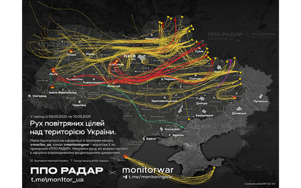Ukrajinské monitorovacie kanály zverejnili mapu, na ktorej sú vyznačené trasy jednosmerných útočných dronov a leteckých a pozemných riadených striel vypálených Ruskom počas útoku na Poľsko a Ukrajinu. FOTO: Monitorwar