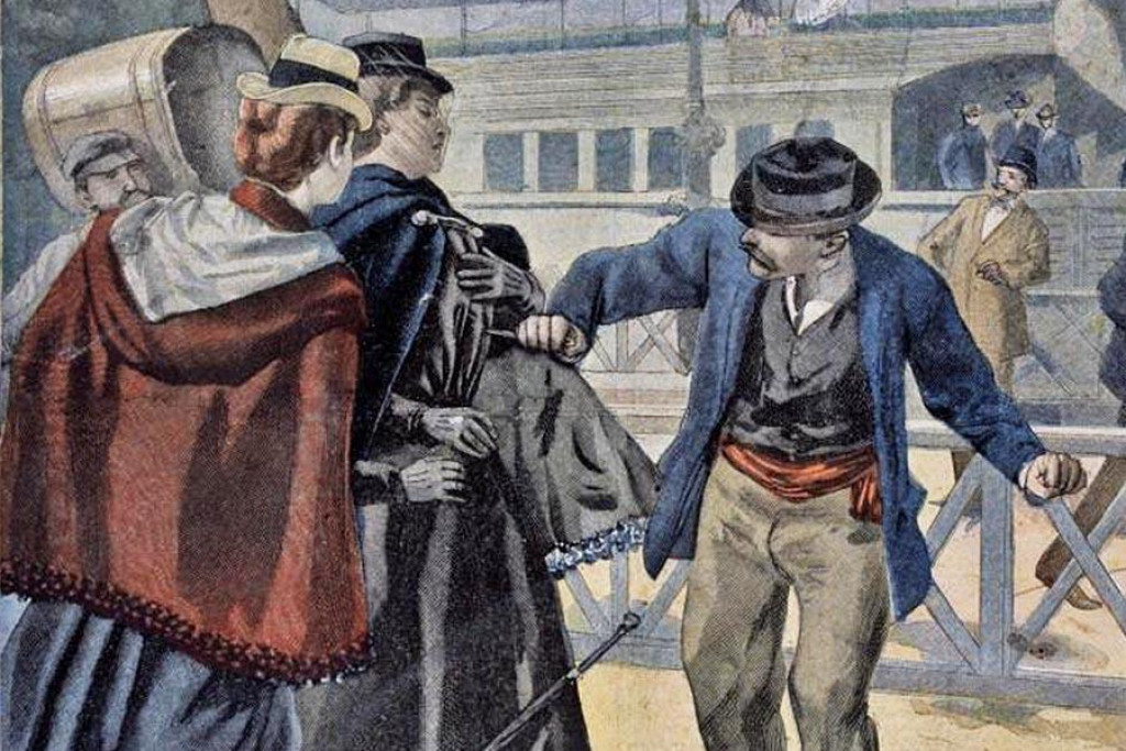 Ilustrácia z dobovej tlače zobrazujúca atentát na rakúsku cisárovnú Alžbetu,