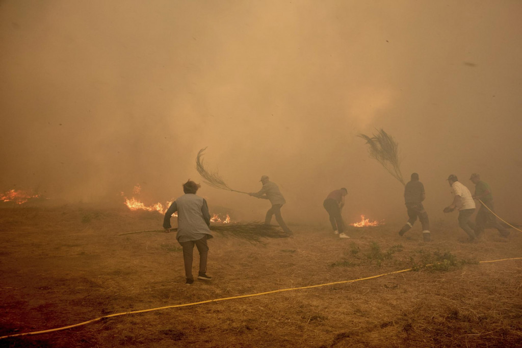 Na snímke obyvatelia hasia lesný požiar, ktorý sa šíril neďaleko dedinky Rebordondo na severozápade Španielska. FOTO: TASR/AP