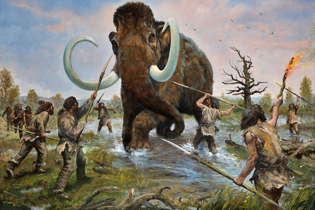 Obraz Lov mamuta je dielom súčasného paleoartistu alebo maliara praveku Petra Modlitbu, ktorý kráča v stopách svojho precízneho učiteľa Zdeňka Buriana.