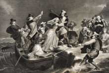 Ilustrácia z 19. storočia zobrazujúca anglických puritánskych osadníkov vystupujúcich v novembri 1620 na americké pobrežie, po tom, čo absolvovali na lodi Mayflower náročnú plavbu ich cez Atlantik.
