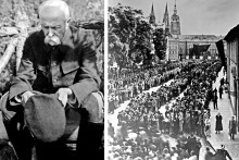 Tomáš Garrigue Masaryk počas pobytu v Topoľčiankach, kde ho takto odfotil spisovateľ Karel Čapek. Snímka vpravo zachytáva tisíce ľudí, ktorí sa v septembri 1937 prichádzali na Pražský hrad pokloniť pamiatke zosnulého prezidenta. FOTO: Wikimedia Commons, Profimedia