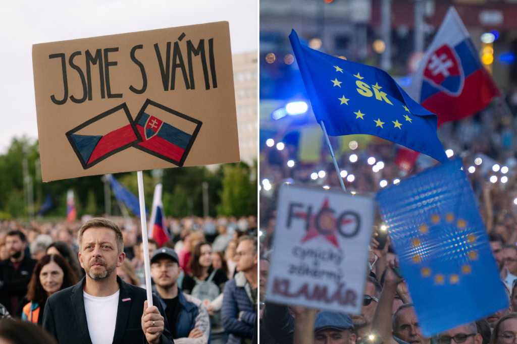 Protestu opozičn&eacute;ho hnutia Progres&iacute;vne Slovensko v Bratislave sa z&uacute;častnil aj česk&yacute; minister vn&uacute;tra a predseda strany STAN V&iacute;t Raku&scaron;an. FOTO: FB/V&iacute;t Raku&scaron;an, TASR; Kol&aacute;ž: HN