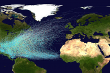Mapa zachytáva trasy hurikánov, ktoré regiónom prechádzali medzi rokmi 1851–2019.