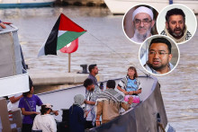 Smer Gaza. Greta, ktorá je tvárou flotily do Gazy, vyplávala z Barcelony. Skutoční vodcovia nie sú vidieť, okrem iného sú to podľa izraelských zistení: zľava Jahjá Sarri, Saif Abu Kešk a Muhammad Nádir an-Núrí. FOTO: koláž iDNES/David Votruba