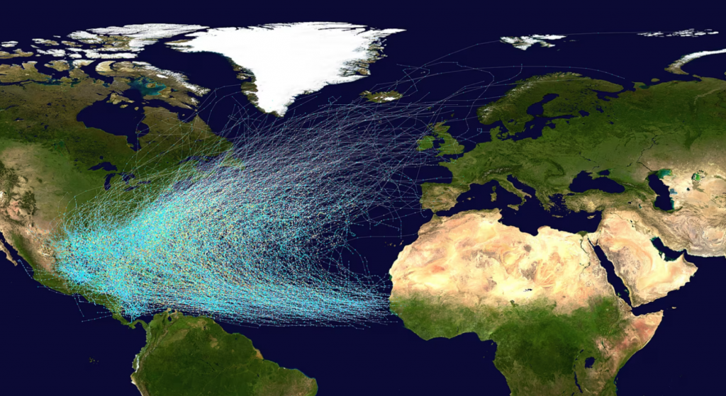 Mapa zachytáva trasy hurikánov, ktoré regiónom prechádzali medzi rokmi 1851–2019.