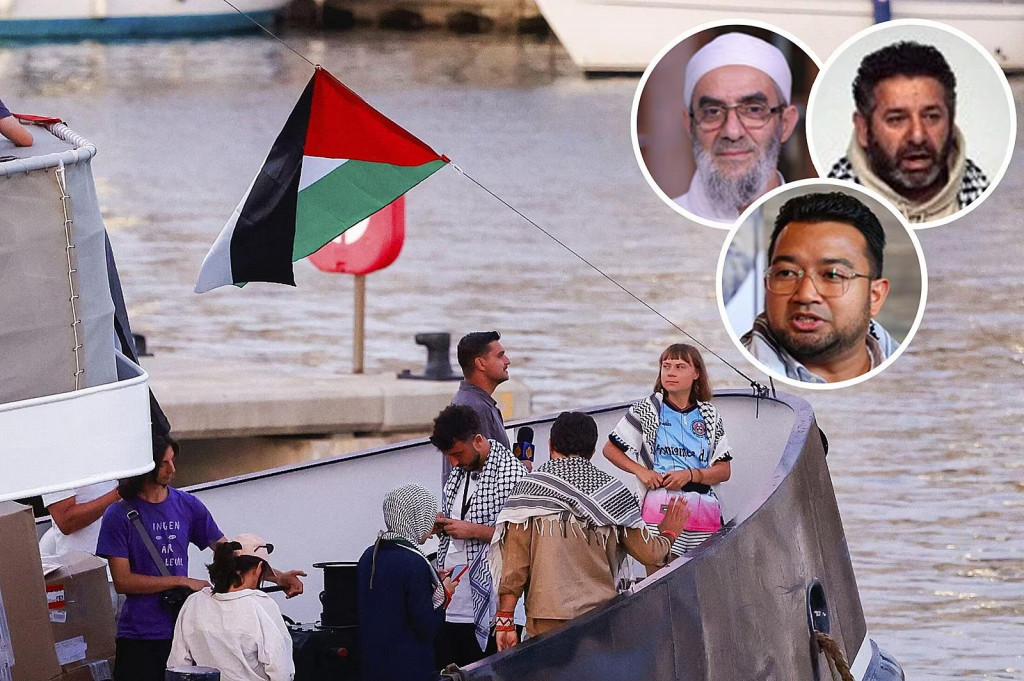 Smer Gaza. Greta, ktorá je tvárou flotily do Gazy, vyplávala z Barcelony. Skutoční vodcovia nie sú vidieť, okrem iného sú to podľa izraelských zistení: zľava Jahjá Sarri, Saif Abu Kešk a Muhammad Nádir an-Núrí. FOTO: koláž iDNES/David Votruba