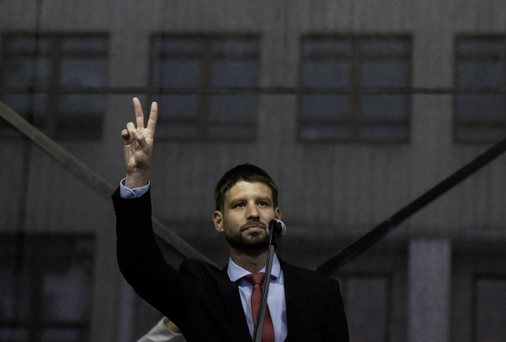 Predseda PS Michal Šimečka počas protestu. FOTO: TASR/Martin Baumann