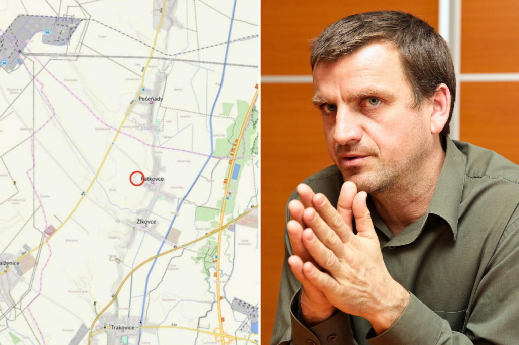 Na snímke vpravo je Juraj Mačaj, ktorý je predseda Predstavenstva Agromačaj, a. s. Na druhej snímke je lokalita navrhovanej investície pri Ratkovciach. FOTO: HN/zámer Mačaj, koláž HN