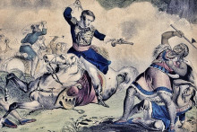 Indiánsky náčelník Tecumseh zahynul v bitke pri Temži, kto ho zabil a za akých okolností však nie je známe. Takto si to predstavoval autor knižnej ilustrácie v polovici 19. storočia.