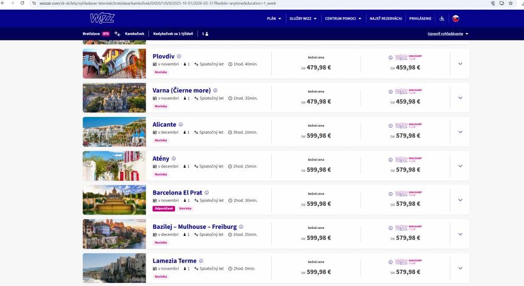 Predražené letenky na stránke Wizz Air. FOTO: wizzair.com