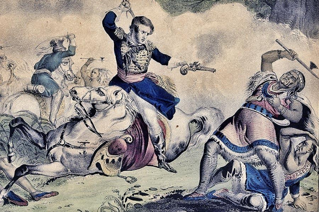 Indiánsky náčelník Tecumseh zahynul v bitke pri Temži, kto ho zabil a za akých okolností však nie je známe. Takto si to predstavoval autor knižnej ilustrácie v polovici 19. storočia.