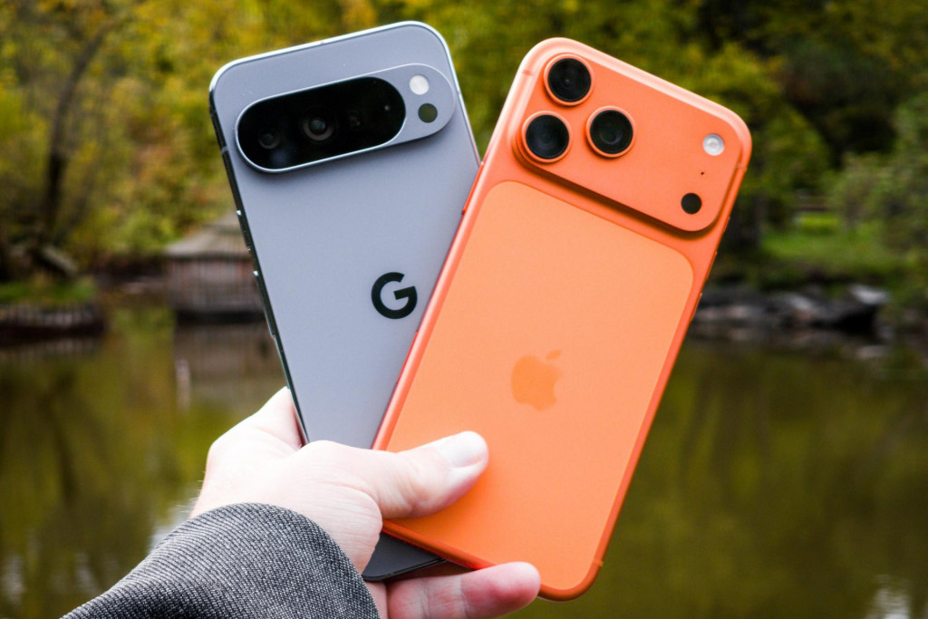 Apple iPhone 17 Pro Max (oranžový) a Google Pixel 10 Pro XL (sivý)