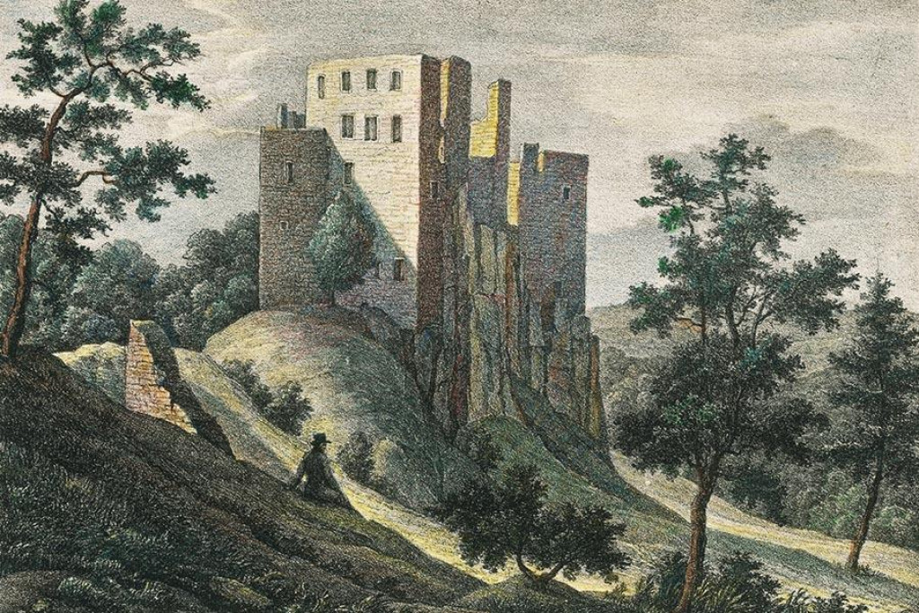Hrad Hrušov na farebnej litografii Adolfa Friedricha Kunikeho z prvej polovice 19. storočia.