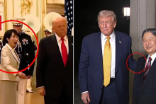 Donald Trump vľavo s japonskou premiérkou Sanae Takaičiovou a vpravo s cisárom Naruhitom. FOTO: Reprofoto; Koláž: iDNES