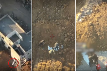 Divadlo pred Červeným krížom. Na snímkach urobených izraelským dronom teroristi Hamasu vhadzujú ostatky uneseného do jamy, zahrabávajú ich a potom neskôr pred zástupcami Červeného kríža ich opäť „nachádzajú“. FOTO: IDF