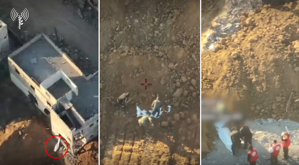 Divadlo pred Červeným krížom. Na snímkach urobených izraelským dronom teroristi Hamasu vhadzujú ostatky uneseného do jamy, zahrabávajú ich a potom neskôr pred zástupcami Červeného kríža ich opäť „nachádzajú“. FOTO: IDF