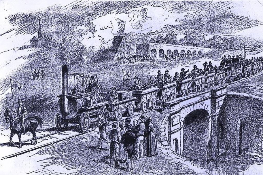 Dobová kresba zachytávajúca prvú jazdu parného vlaku s pasažiermi v roku 1825.