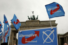 Vlajky eurokritickej strany Alternatíva pre Nemecko (AFD) držia jej podporovatelia pred Brandenburskou bránou počas volebného zhromaždenia. FOTO: Reuters
