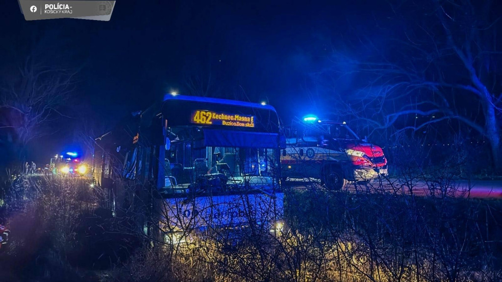Na ceste medzi obcami Mokrance a Čečejovce v okrese Košice-okolie narazil autobus do stromu. FOTO: Facebook/Polícia SR - Košický kraj