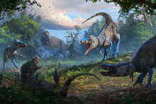 Skupina nanotyrannov na ilustrácii prepadla malého T. rexa.