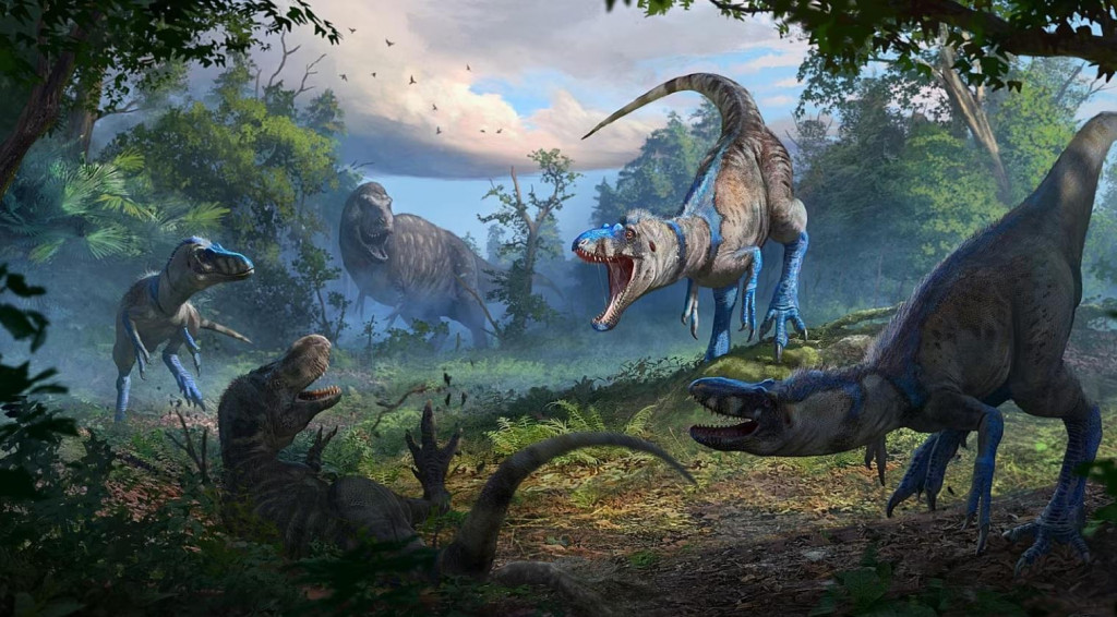 Skupina nanotyrannov na ilustrácii prepadla malého T. rexa.