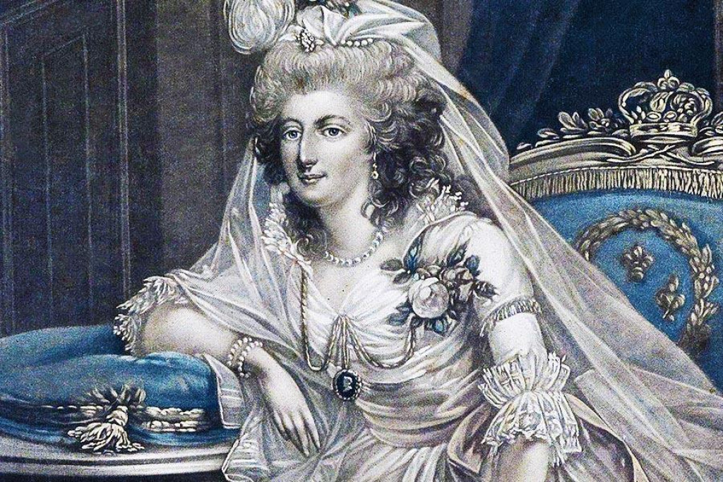 Francúzska kráľovná Mária Antoinetta na grafike podľa dobového obrazu rakúskeho maliara Antona Hickela.