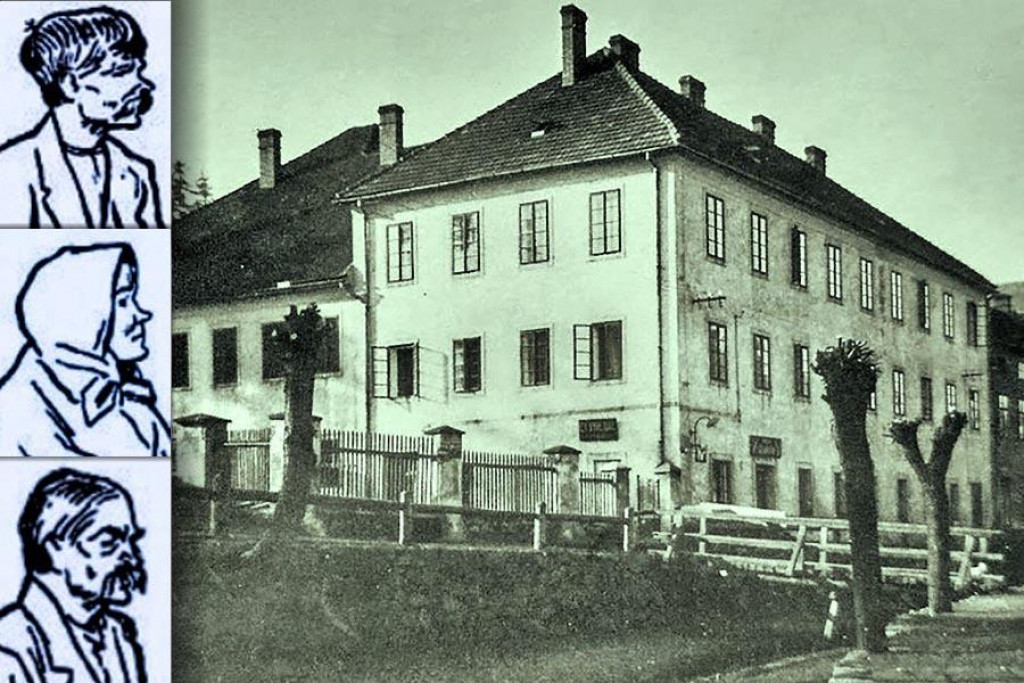 Aktéri kanibalskej kauzy (na dobových kresbách zo súdnej siene), ktorí boli za úkladnú lúpežnú vraždu odsúdení na doživotie a vtedajšia podoba Kohnovho mlyna v Třebíči, kde zločin spáchali.