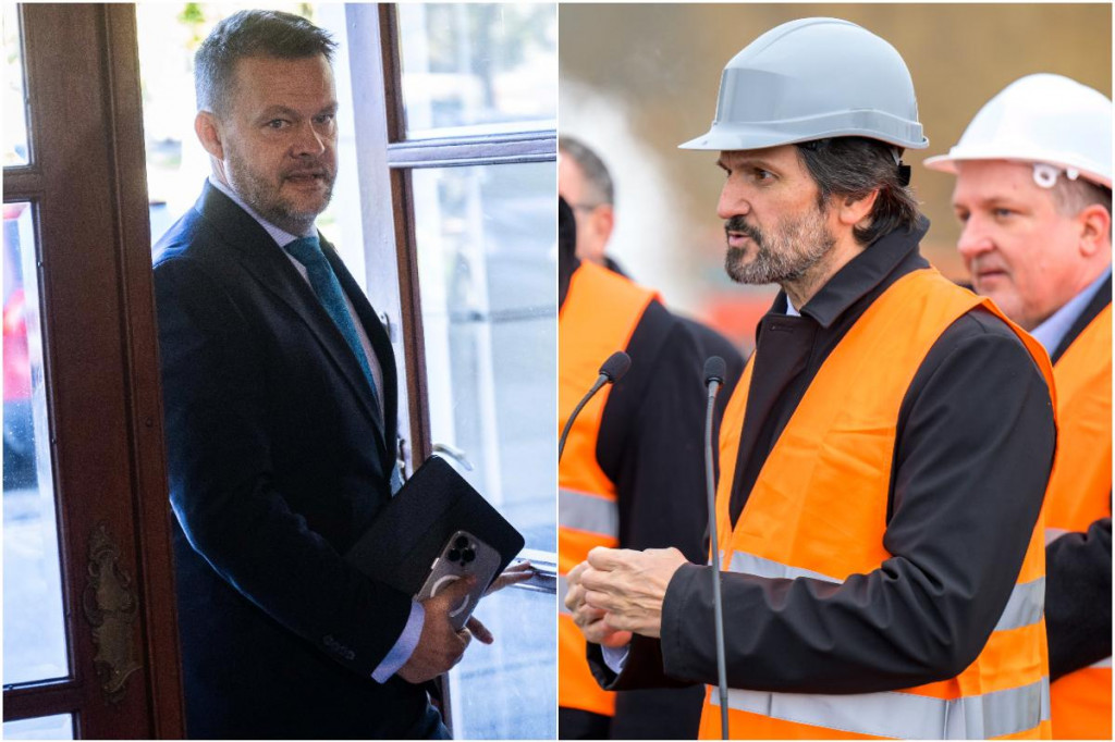 Vľavo minister investícií Samuel Migaľ a vpravo minister obrany Robert Kaliňák počas kontrolného dňa pri výstavbe prešovskej nemocnice.
