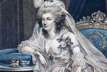 Francúzska kráľovná Mária Antoinetta na grafike podľa dobového obrazu rakúskeho maliara Antona Hickela.