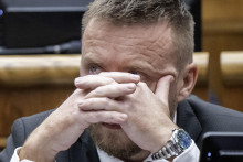 Na sn&iacute;mke splnomocnenec vl&aacute;dy pre preverenie procesu riadenia a manažovania zdrojov počas pand&eacute;mie COVID-19 a poslanec parlamentu Peter Kotl&aacute;r. FOTO: TASR/Martin Baumann