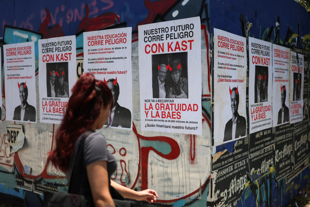 Žena prechádza okolo predvolebných plagátov proti prezidentskému kandidátovi Josému Antoniovi Kastovi a argentínskemu prezidentovi Javierovi Mileimu, na ktorých je nápis „Naša budúcnosť je v ohrození“, pred druhým kolom prezidentských volieb v Santiagu v Čile. FOTO: REUTERS