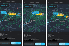 Cesta z Bratislavy do troch najv&auml;č&scaron;&iacute;ch miest na v&yacute;chode Slovenska cez tunel Vi&scaron;ňov&eacute; podľa aplik&aacute;cie Waze. FOTO: Waze, kol&aacute;ž HN