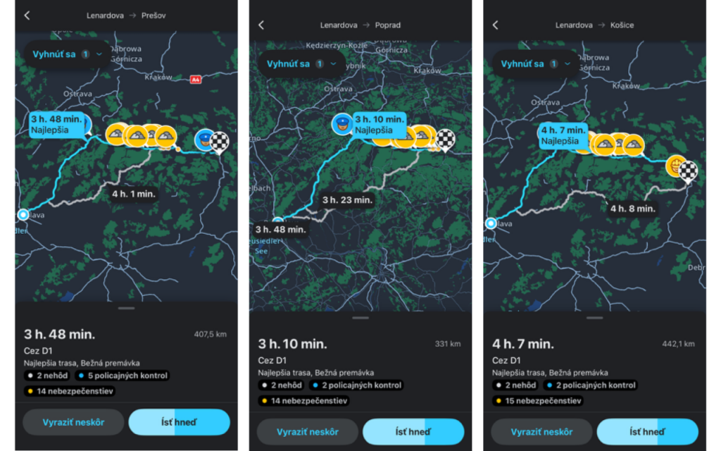 Cesta z Bratislavy do troch najv&auml;č&scaron;&iacute;ch miest na v&yacute;chode Slovenska cez tunel Vi&scaron;ňov&eacute; podľa aplik&aacute;cie Waze. FOTO: Waze, kol&aacute;ž HN