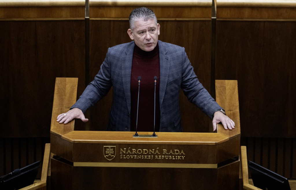 Na sn&iacute;mke dole poslanec Roman Mikulec (Hnutie Slovensko). FOTO: TASR/Martin Baumann