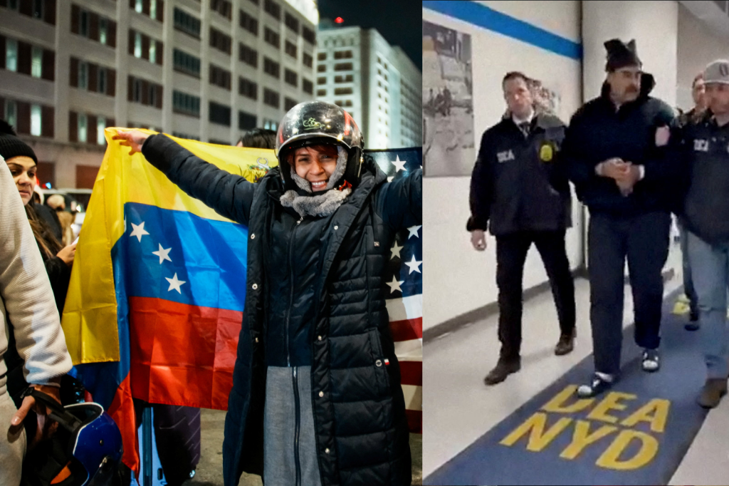 Naľavo venezuelsk&iacute; imigranti oslavuj&uacute; po tom, čo Spojen&eacute; &scaron;t&aacute;ty za&uacute;točili na Venezuelu a zajali jej prezidenta Nicolasa Madura a jeho manželku Ciliu Floresov&uacute;. Napravo Maduro, ako ho sprev&aacute;dzaj&uacute; po chodbe v kancel&aacute;ri&aacute;ch americk&eacute;ho protidrogov&eacute;ho &uacute;radu (DEA) v New Yorku v USA. FOTO: REUTERS