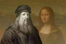 Leonardo Da Vinci a v pozad&iacute; jeho Mona Lisa. FOTO: Wikimedia Commons