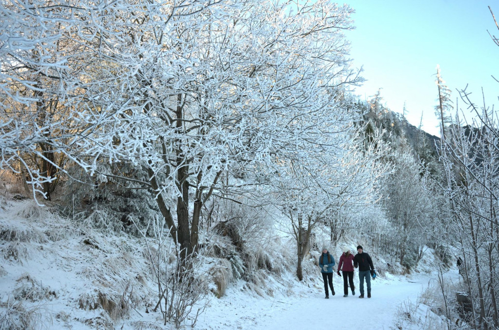 Turisti na turistickom chodn&iacute;ku pri Hrebienku vo Vysok&yacute;ch Tatr&aacute;ch 25. decembra 2025. FOTO: TASR/Franti&scaron;ek Iv&aacute;n