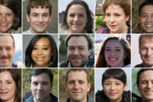 Horn&yacute; a doln&yacute; riadok zobrazuje tv&aacute;re umelej inteligencie, zatiaľ čo stredn&yacute; riadok zobrazuje skutočn&yacute;ch ľud&iacute;.