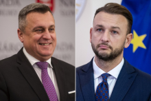 Predseda SNS Andrej Danko a predseda strany Hlas-SD Mat&uacute;&scaron; &Scaron;utaj E&scaron;tok. FOTO: Kol&aacute;ž HN/TASR